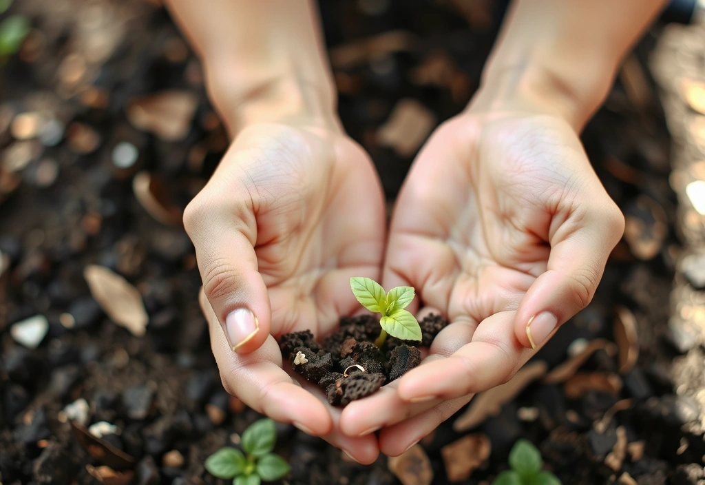 Hands gently holding a small plant sprout growing from rich soil, symbolizing growth, nature, and care.