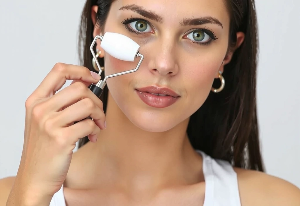 A woman using a facial roller for skincare, with a glowing, healthy complexion, emphasizing beauty and self-care. Bright, clean background. No text.